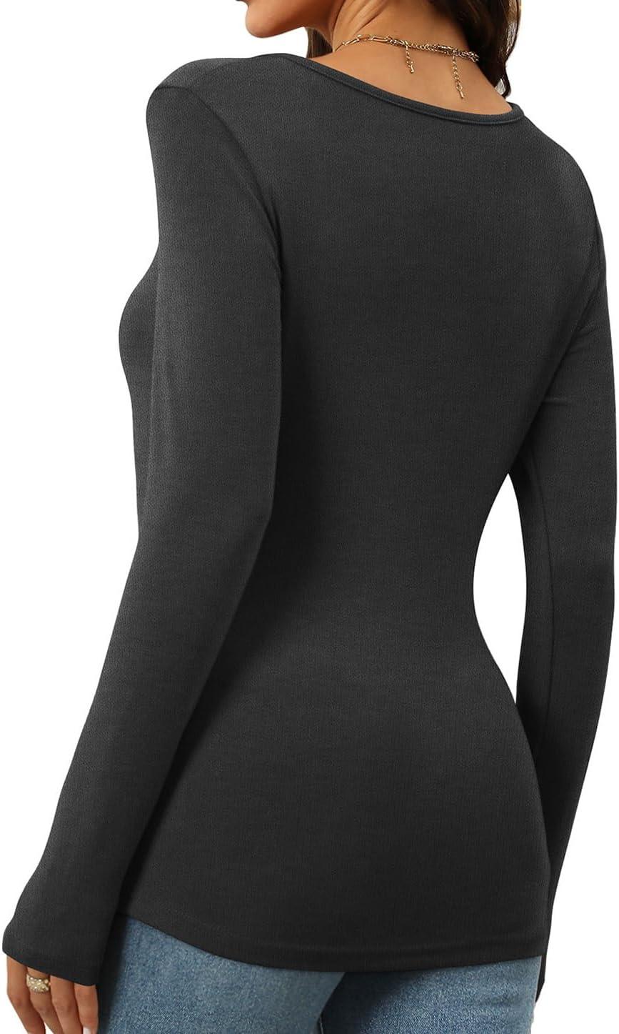 imageWomens Long Sleeve Square Neck Tops 2024 Fashion Slim Fit Tees ShirtsDark Grey
