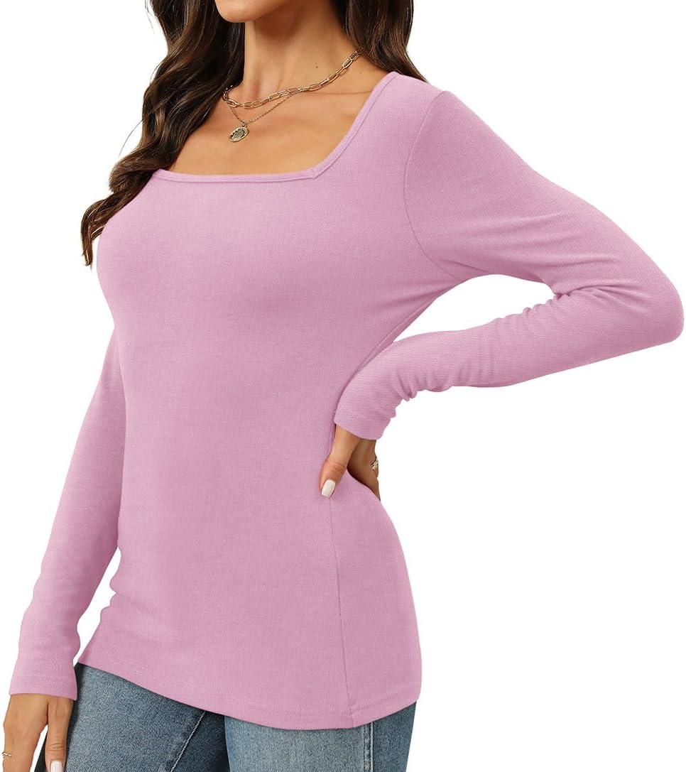 imageWomens Long Sleeve Square Neck Tops 2024 Fashion Slim Fit Tees ShirtsPink
