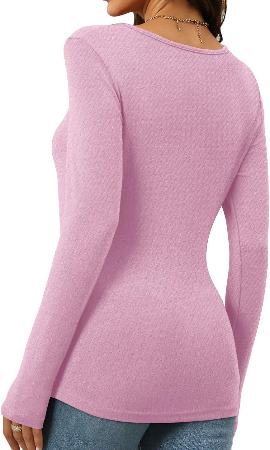 imageWomens Long Sleeve Square Neck Tops 2024 Fashion Slim Fit Tees ShirtsPink