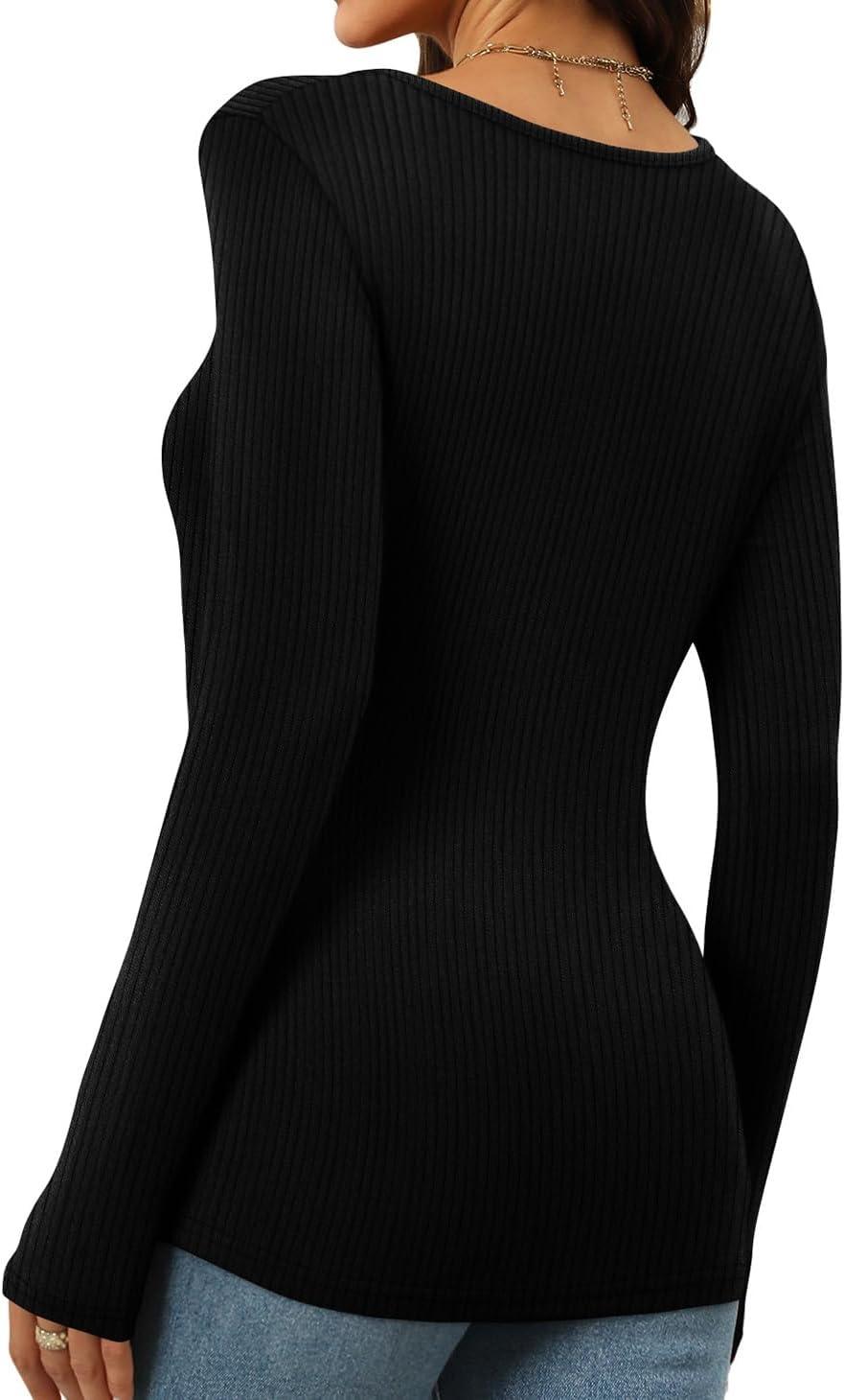 imageWomens Long Sleeve Square Neck Tops 2024 Fashion Slim Fit Tees ShirtsRibbed Black