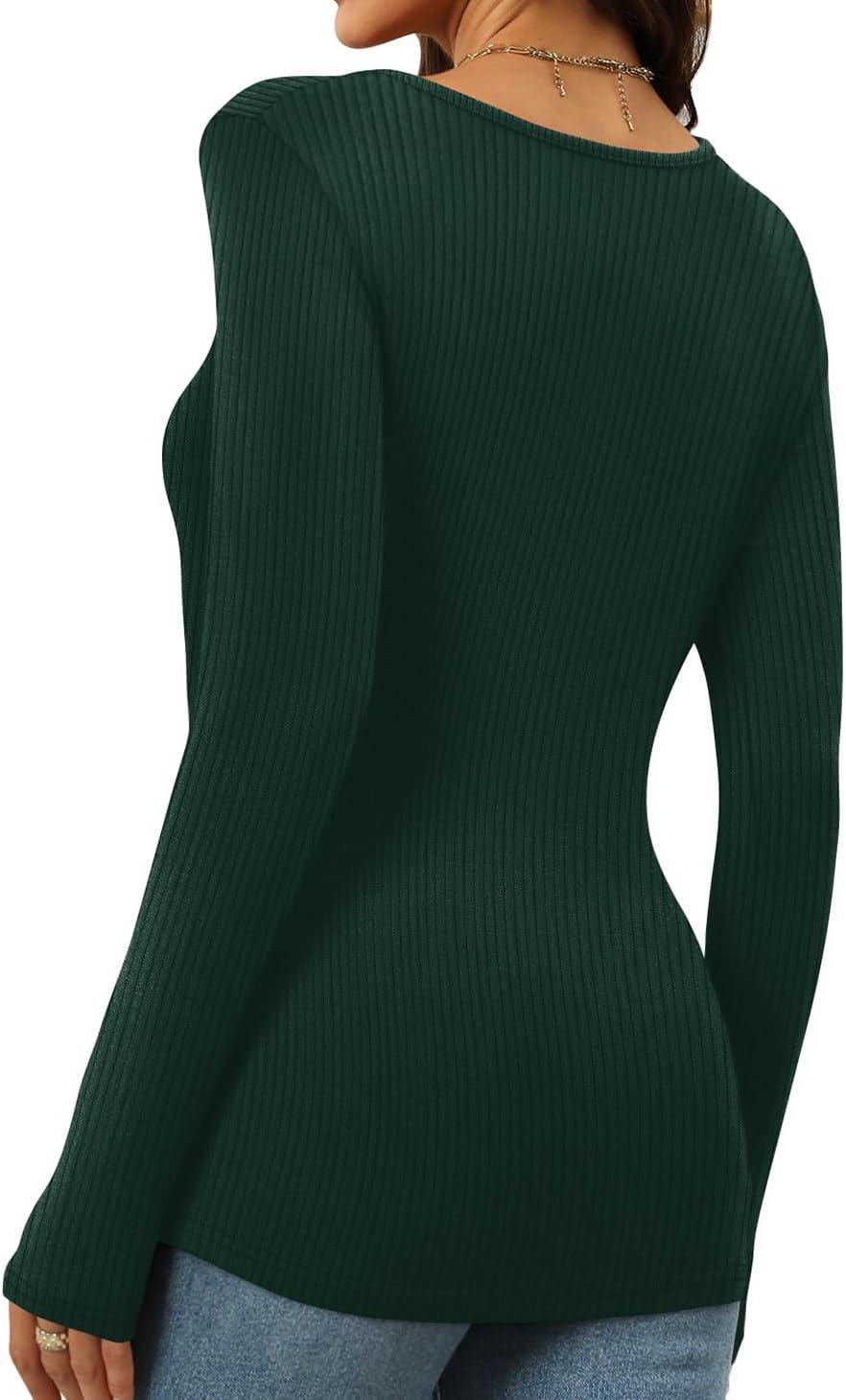 imageWomens Long Sleeve Square Neck Tops 2024 Fashion Slim Fit Tees ShirtsRibbed Green