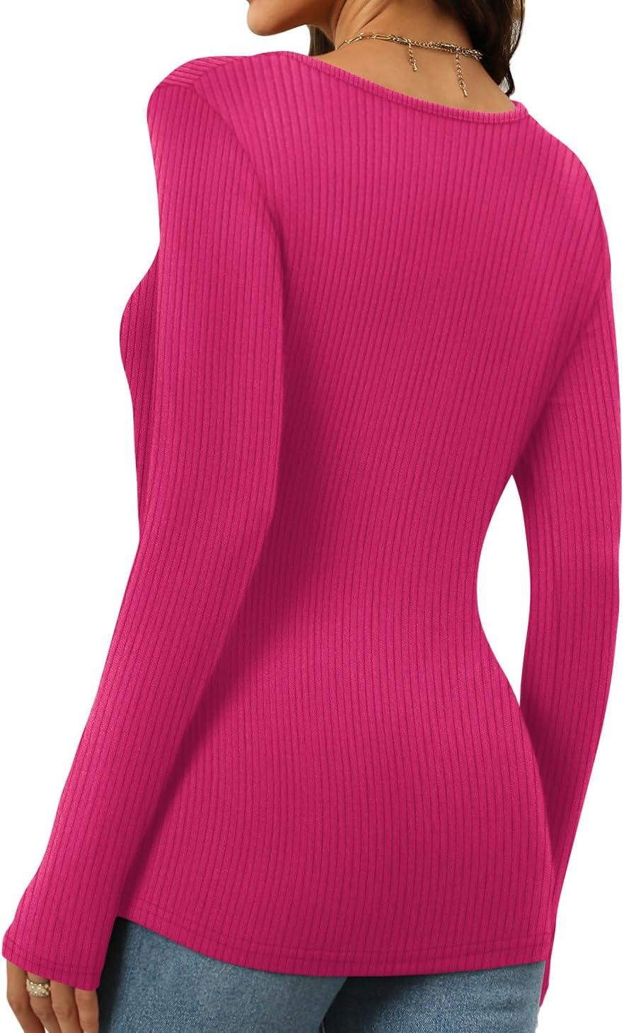 imageWomens Long Sleeve Square Neck Tops 2024 Fashion Slim Fit Tees ShirtsRibbed Pink