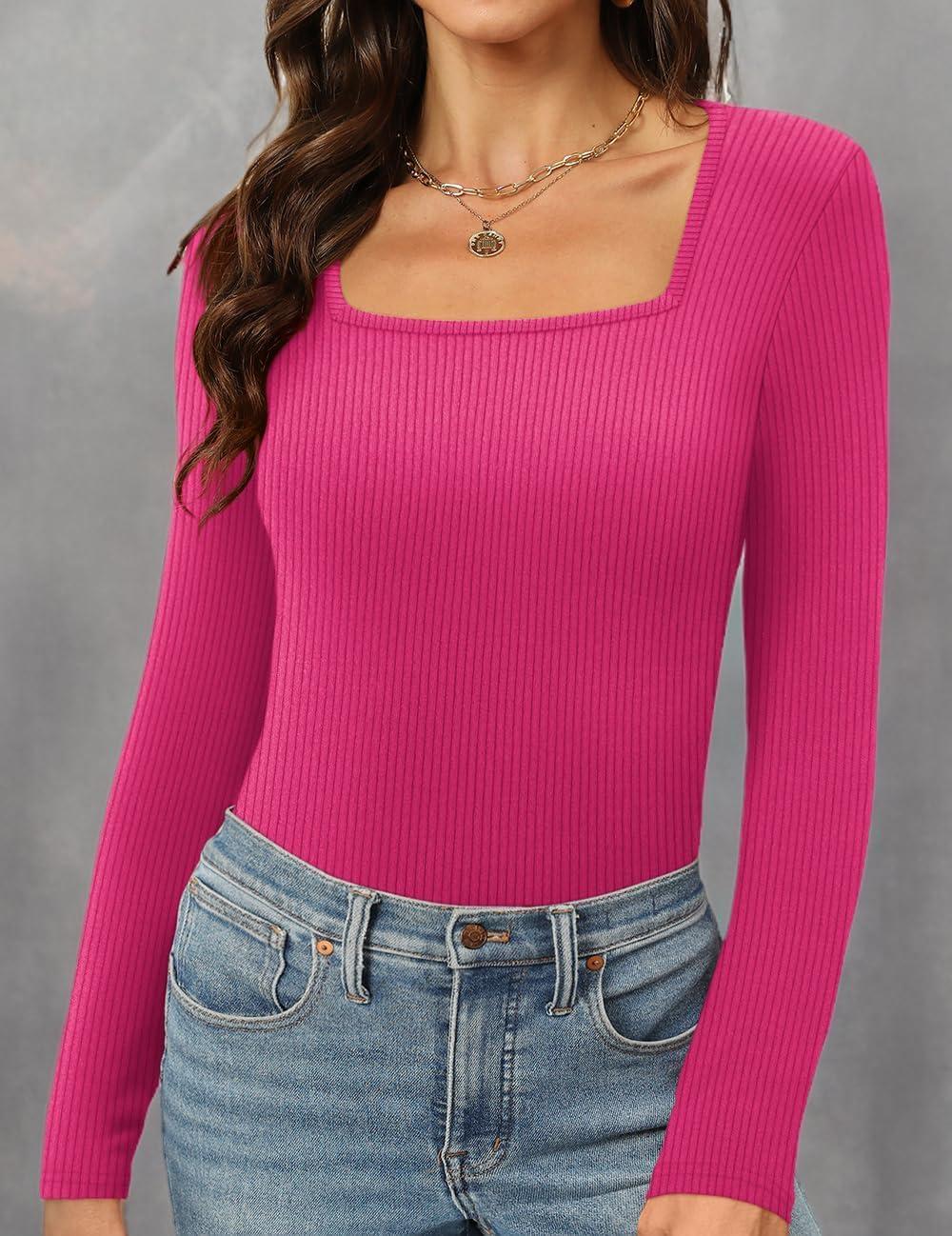 imageWomens Long Sleeve Square Neck Tops 2024 Fashion Slim Fit Tees ShirtsRibbed Pink