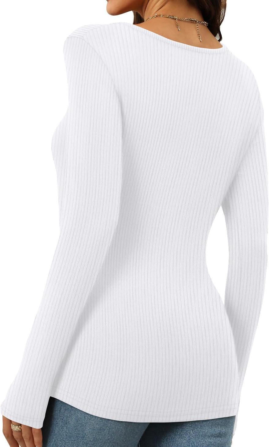imageWomens Long Sleeve Square Neck Tops 2024 Fashion Slim Fit Tees ShirtsRibbed White