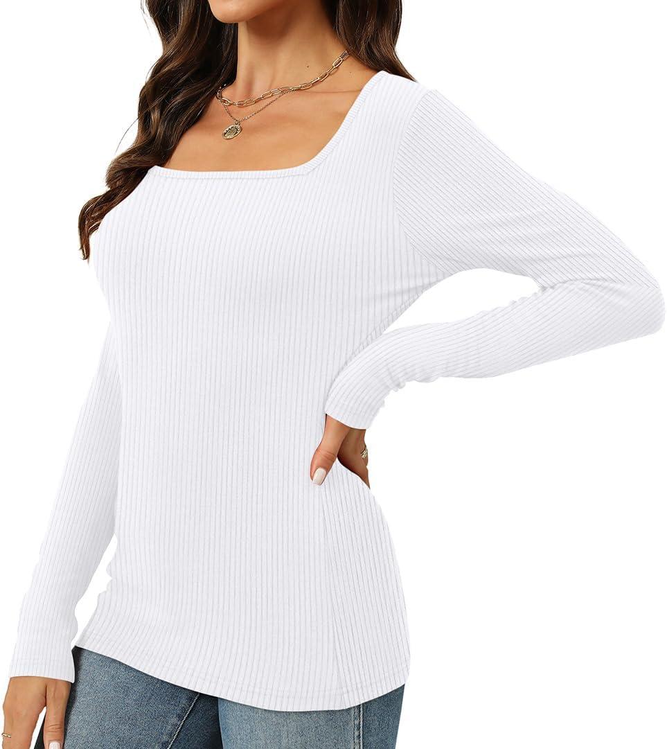 imageWomens Long Sleeve Square Neck Tops 2024 Fashion Slim Fit Tees ShirtsRibbed White