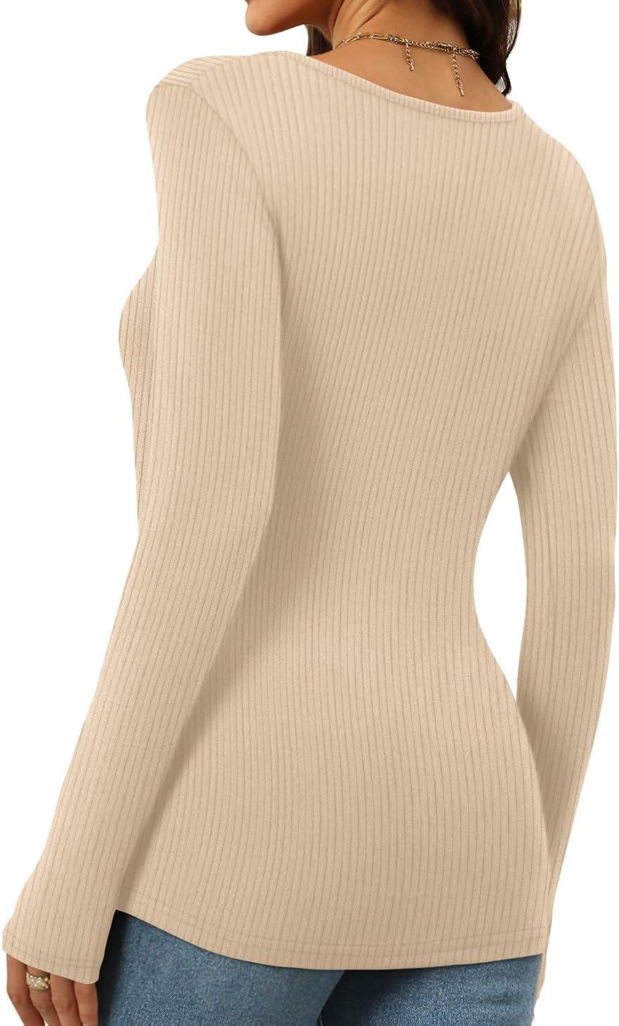 imageWomens Long Sleeve Square Neck Tops 2024 Fashion Slim Fit Tees ShirtsRibbedcoffee