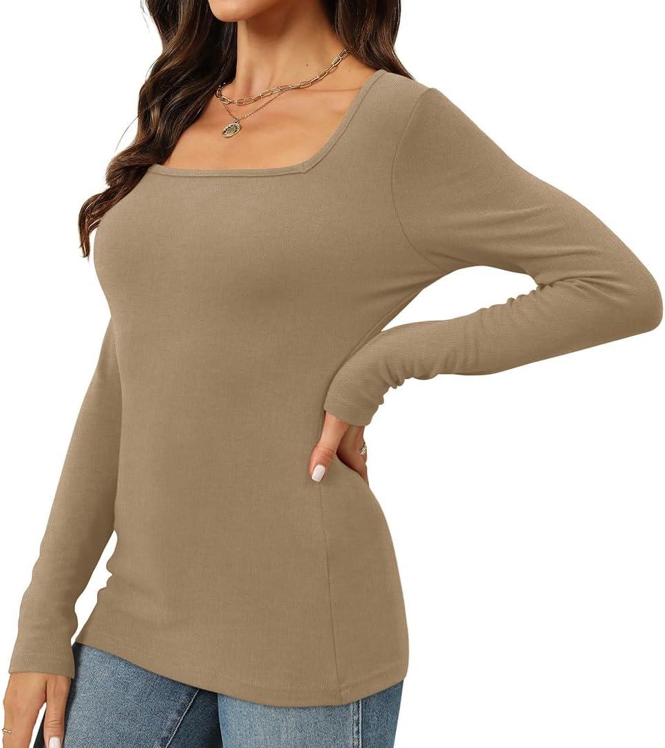 imageWomens Long Sleeve Square Neck Tops 2024 Fashion Slim Fit Tees ShirtsToffee