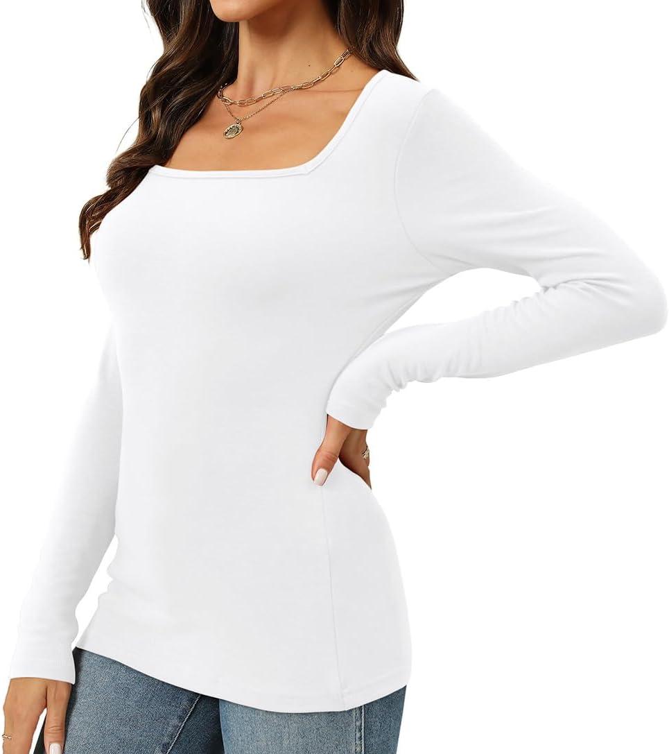 imageWomens Long Sleeve Square Neck Tops 2024 Fashion Slim Fit Tees ShirtsWhite