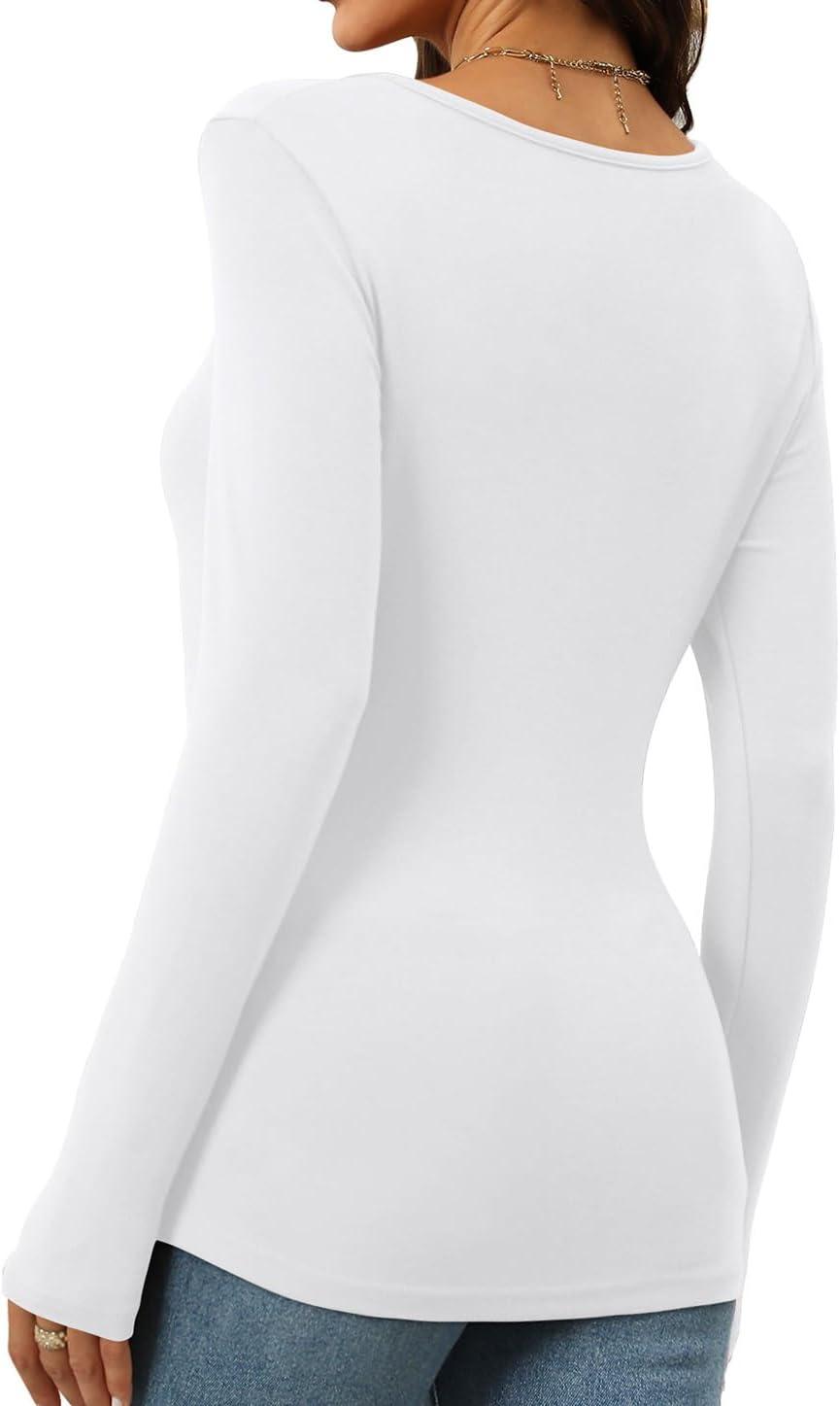 imageWomens Long Sleeve Square Neck Tops 2024 Fashion Slim Fit Tees ShirtsWhite