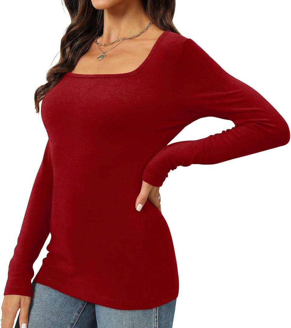 imageWomens Long Sleeve Square Neck Tops 2024 Fashion Slim Fit Tees ShirtsWine Red
