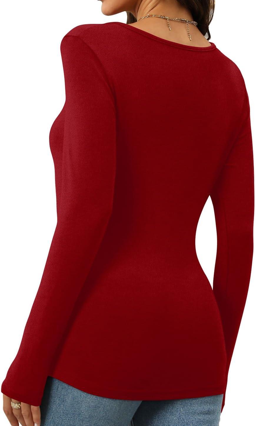 imageWomens Long Sleeve Square Neck Tops 2024 Fashion Slim Fit Tees ShirtsWine Red