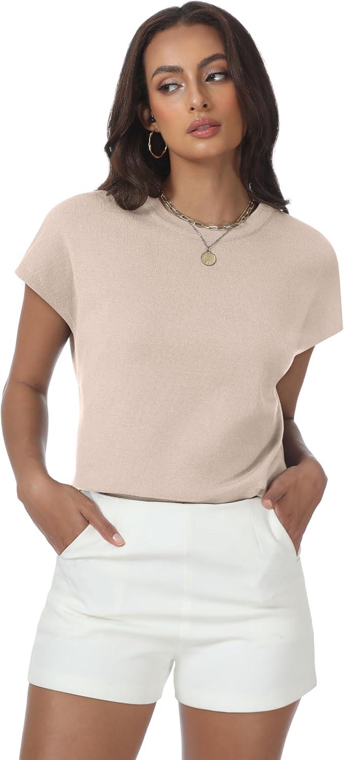 imageWomens Tops Summer Sweater Short Sleeve Shirts Dressy Casual Basic Casual Cap Sleeve Tops Beach Vacation ClothesApricot
