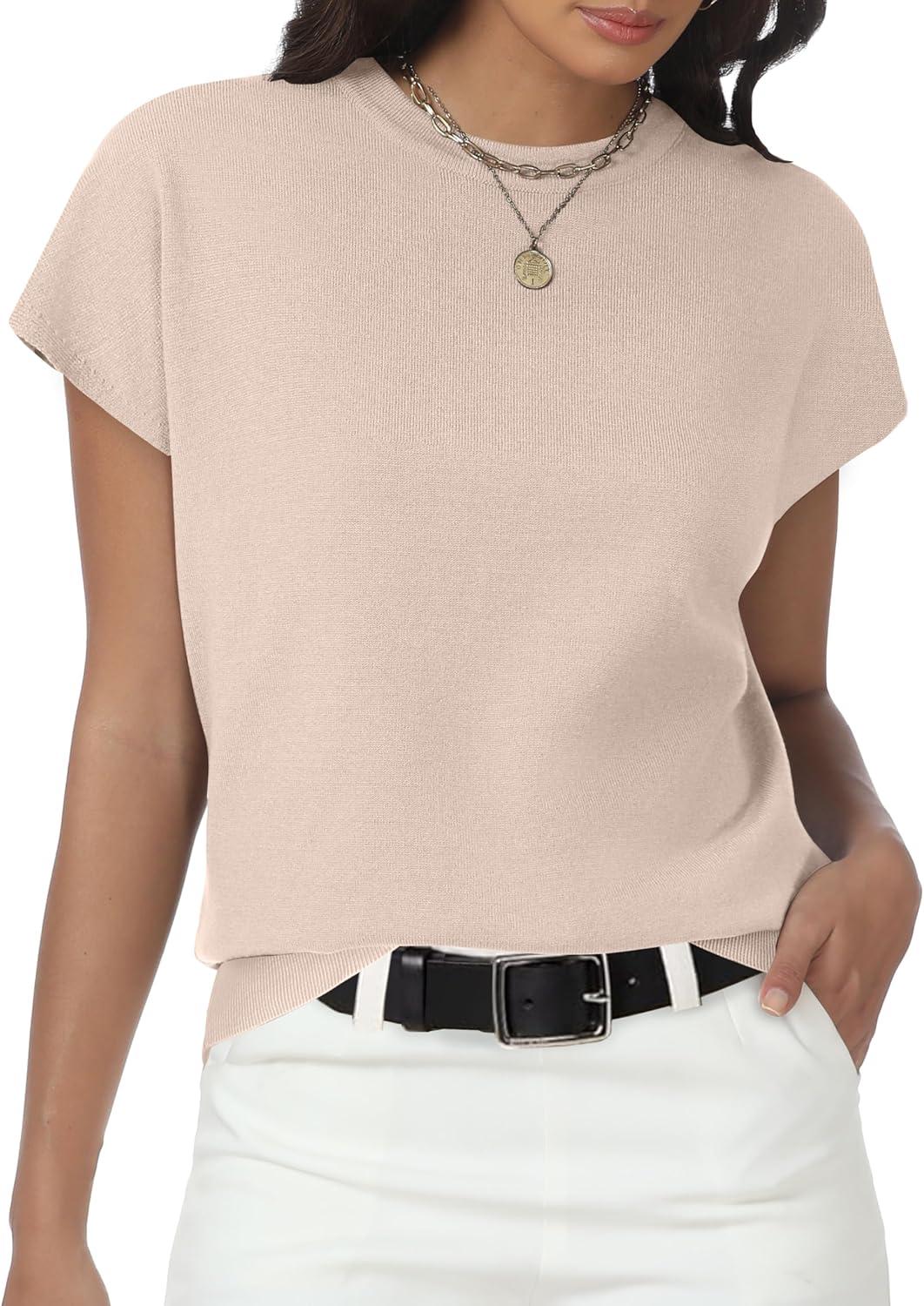 imageWomens Tops Summer Sweater Short Sleeve Shirts Dressy Casual Basic Casual Cap Sleeve Tops Beach Vacation ClothesApricot