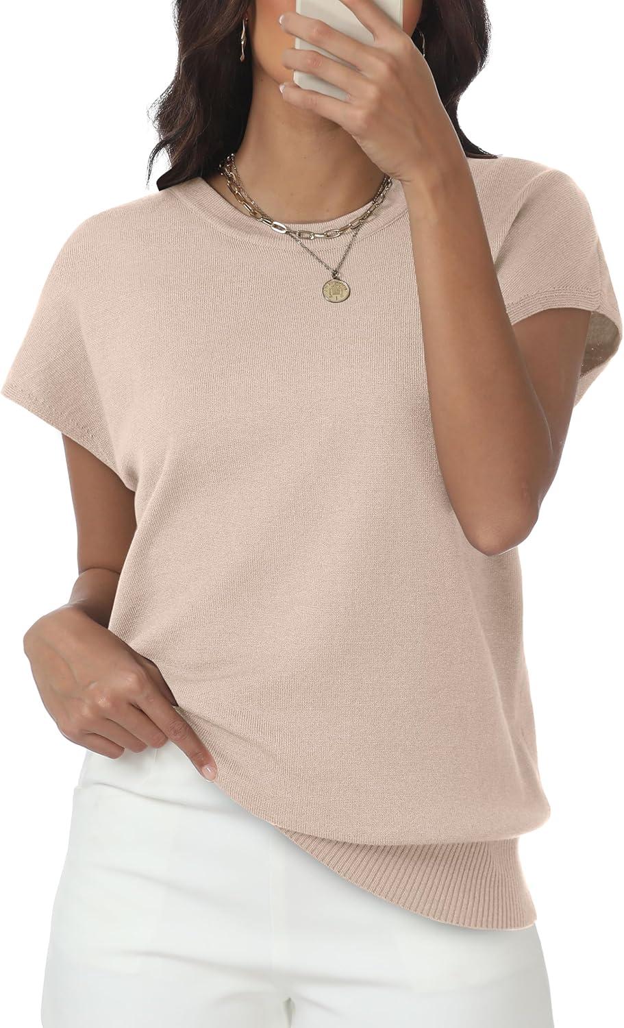 imageWomens Tops Summer Sweater Short Sleeve Shirts Dressy Casual Basic Casual Cap Sleeve Tops Beach Vacation ClothesApricot