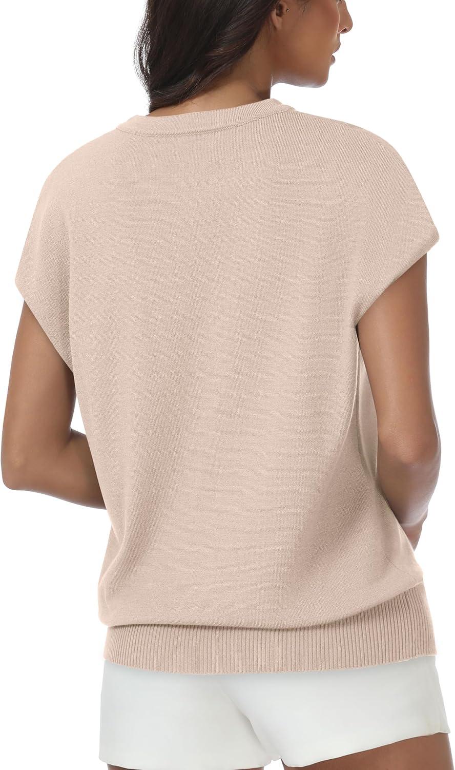 imageWomens Tops Summer Sweater Short Sleeve Shirts Dressy Casual Basic Casual Cap Sleeve Tops Beach Vacation ClothesApricot