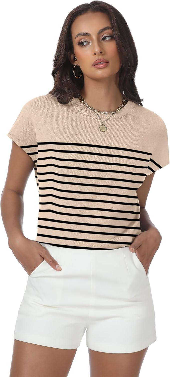 imageWomens Tops Summer Sweater Short Sleeve Shirts Dressy Casual Basic Casual Cap Sleeve Tops Beach Vacation ClothesApricot Black