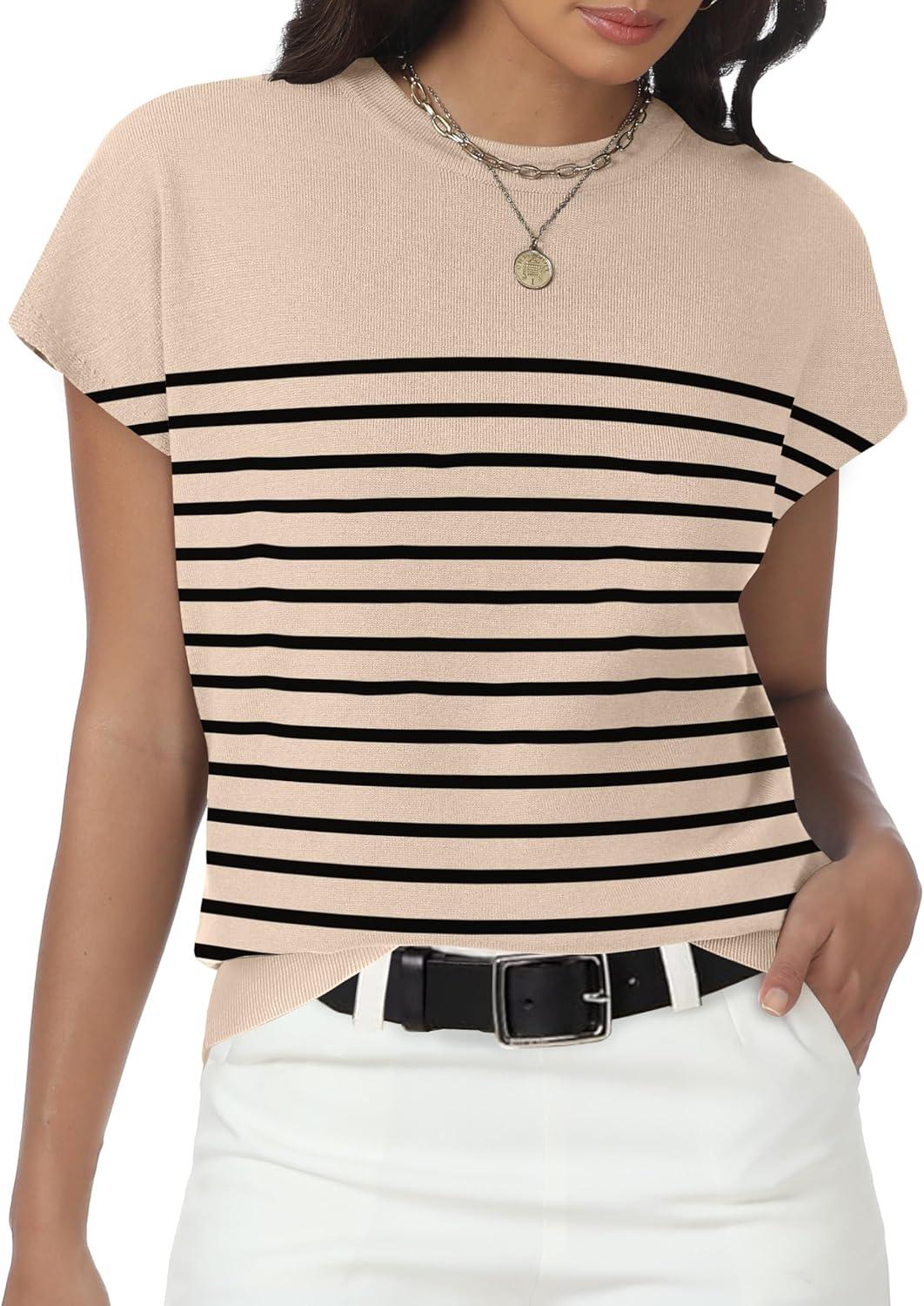 imageWomens Tops Summer Sweater Short Sleeve Shirts Dressy Casual Basic Casual Cap Sleeve Tops Beach Vacation ClothesApricot Black