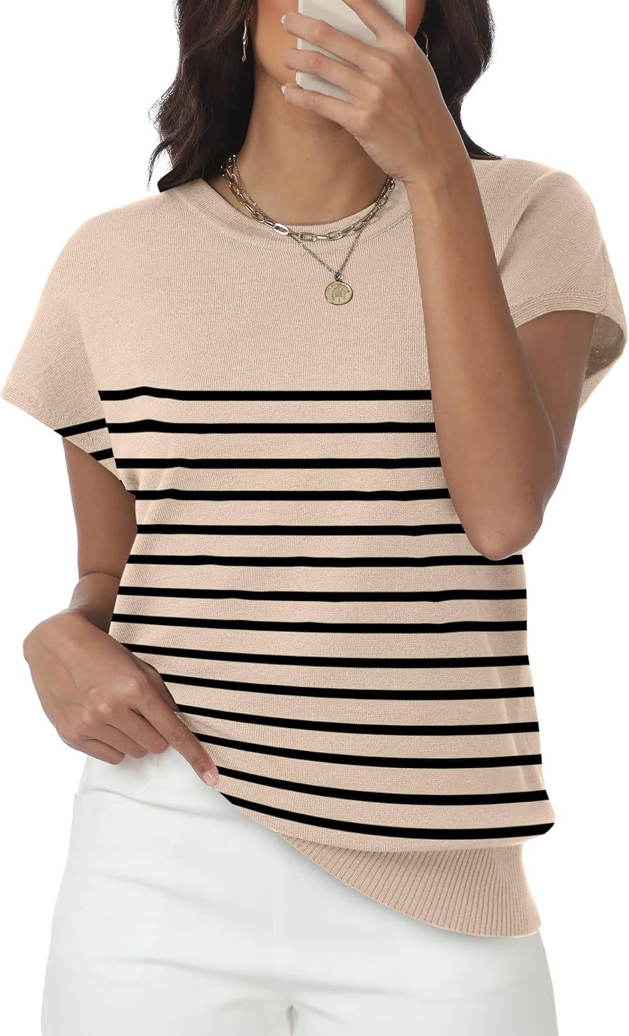 imageWomens Tops Summer Sweater Short Sleeve Shirts Dressy Casual Basic Casual Cap Sleeve Tops Beach Vacation ClothesApricot Black