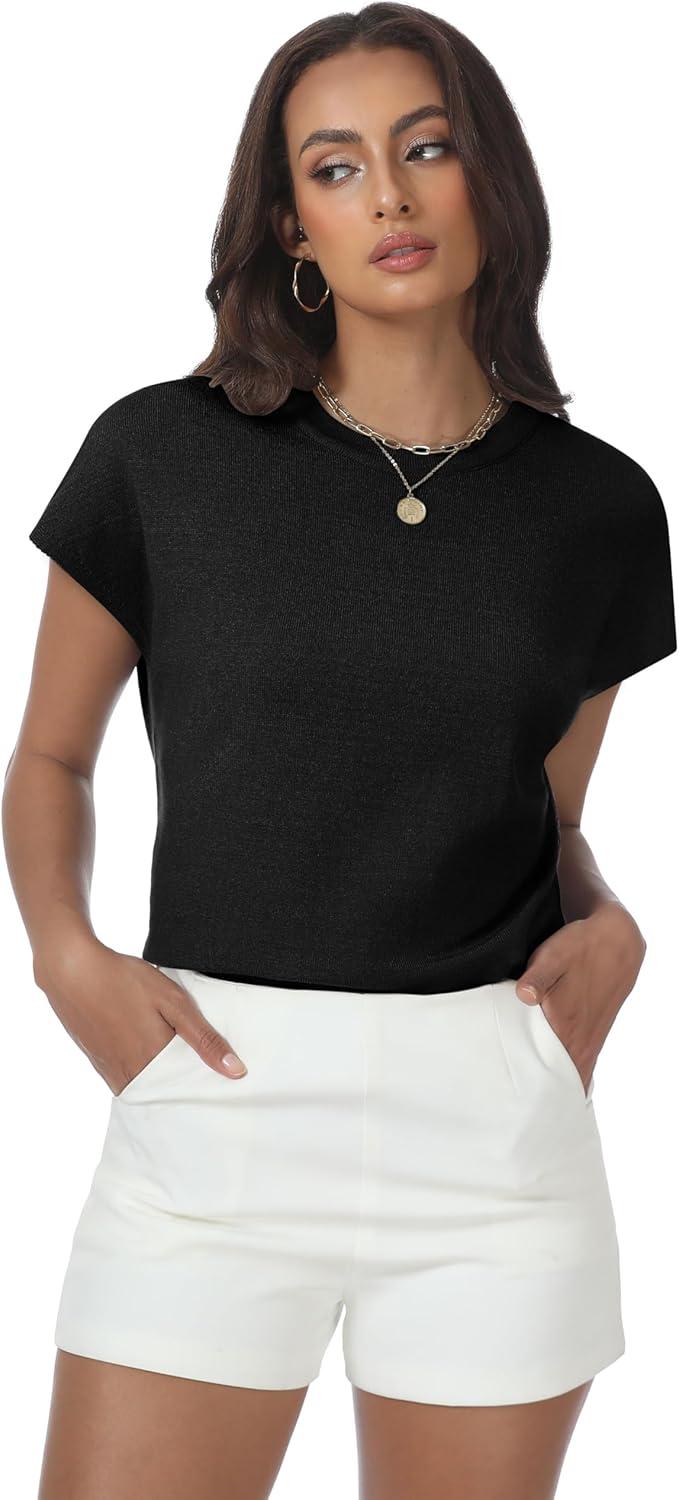 imageWomens Tops Summer Sweater Short Sleeve Shirts Dressy Casual Basic Casual Cap Sleeve Tops Beach Vacation ClothesBlack