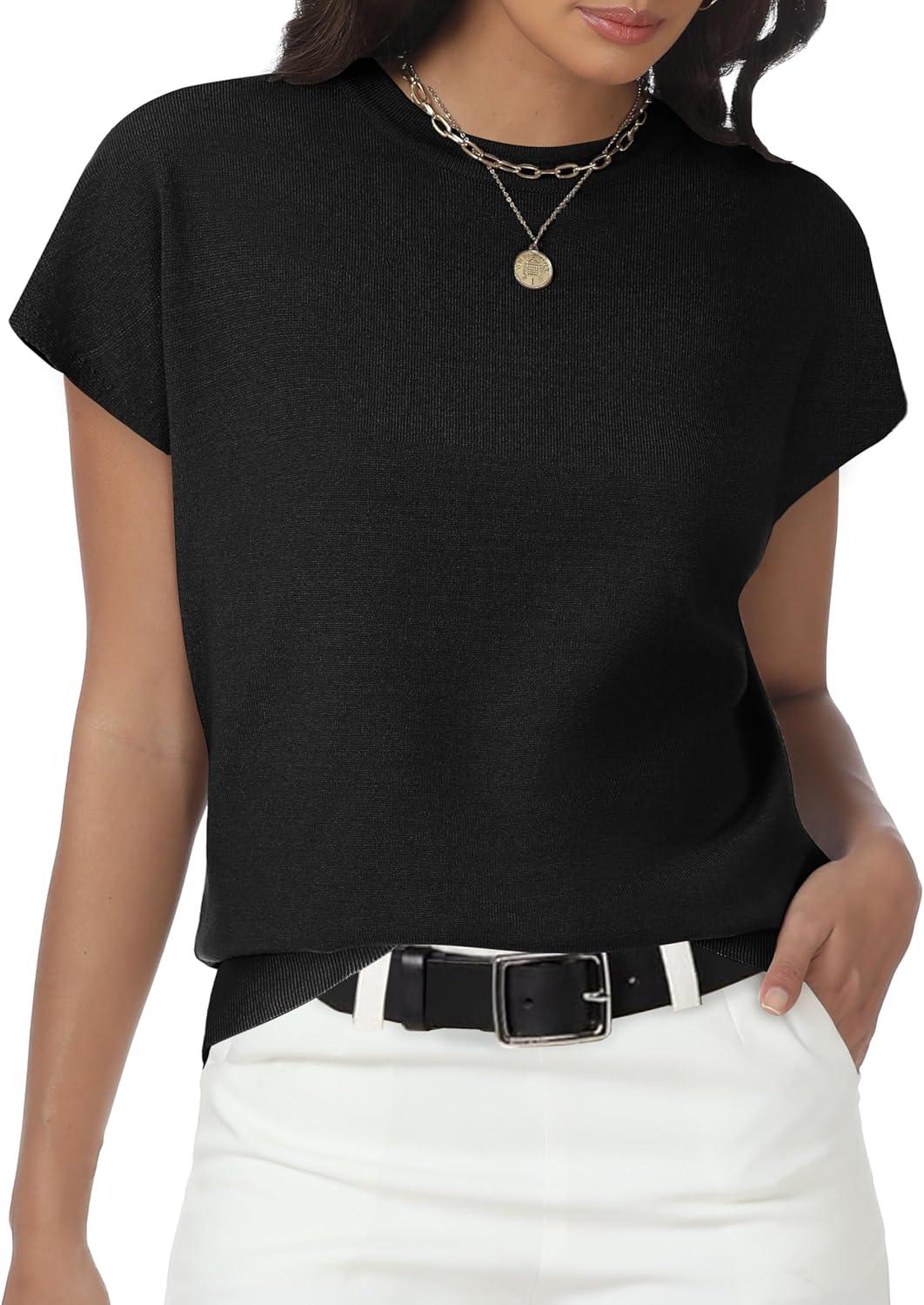 imageWomens Tops Summer Sweater Short Sleeve Shirts Dressy Casual Basic Casual Cap Sleeve Tops Beach Vacation ClothesBlack