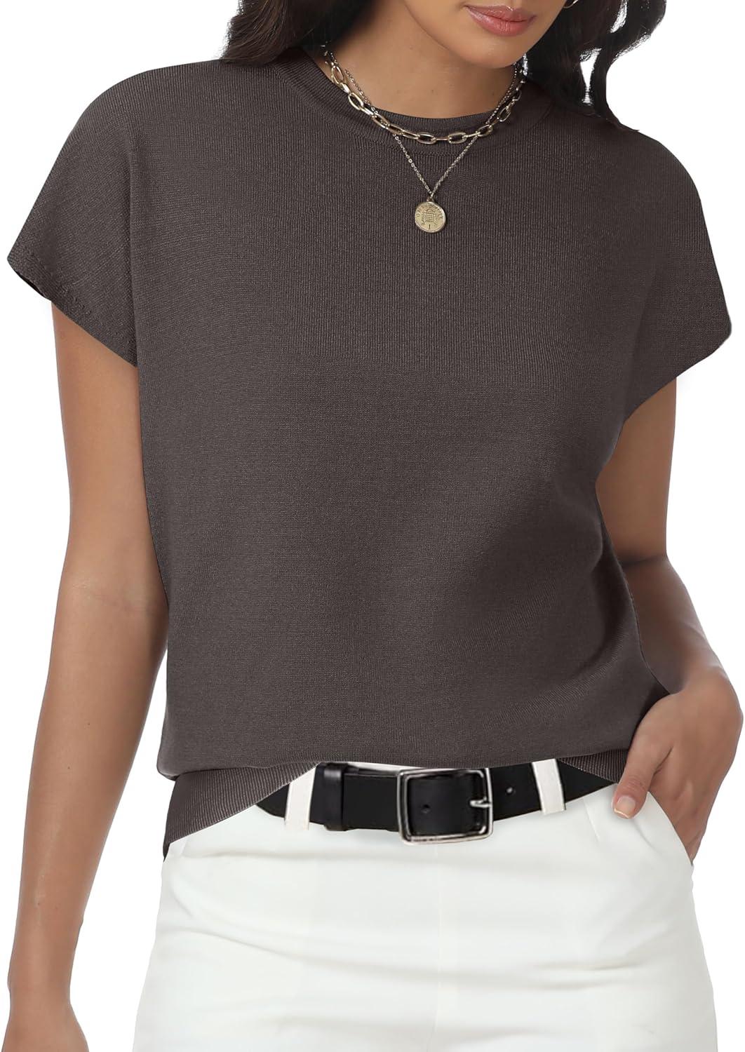 imageWomens Tops Summer Sweater Short Sleeve Shirts Dressy Casual Basic Casual Cap Sleeve Tops Beach Vacation ClothesCoffee