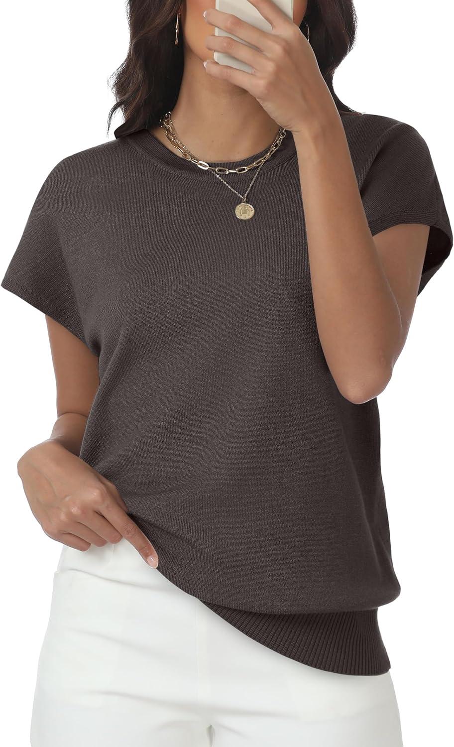 imageWomens Tops Summer Sweater Short Sleeve Shirts Dressy Casual Basic Casual Cap Sleeve Tops Beach Vacation ClothesCoffee