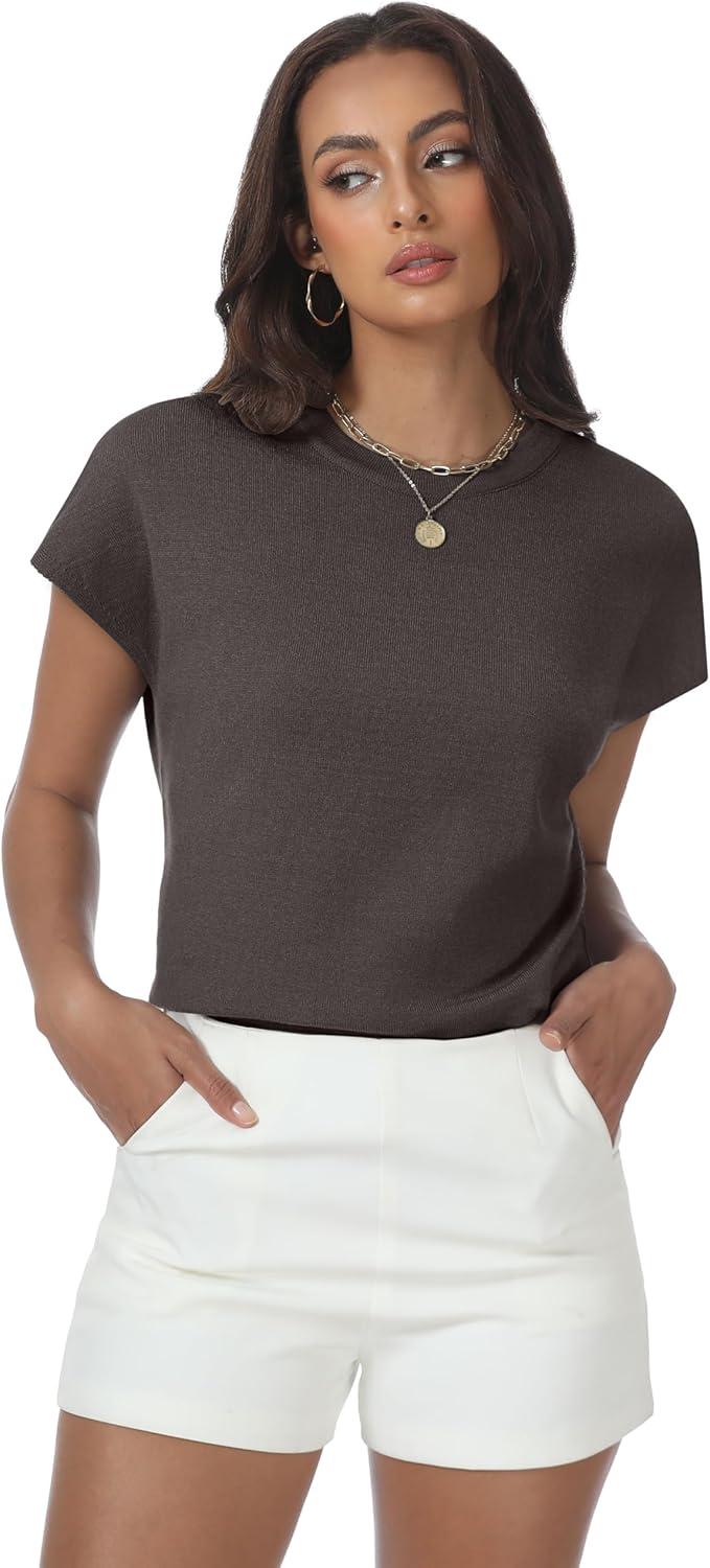 imageWomens Tops Summer Sweater Short Sleeve Shirts Dressy Casual Basic Casual Cap Sleeve Tops Beach Vacation ClothesCoffee