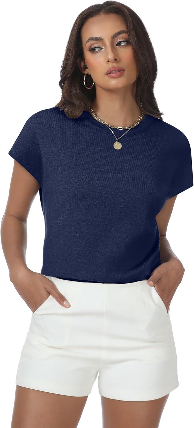 imageWomens Tops Summer Sweater Short Sleeve Shirts Dressy Casual Basic Casual Cap Sleeve Tops Beach Vacation ClothesDark Blue