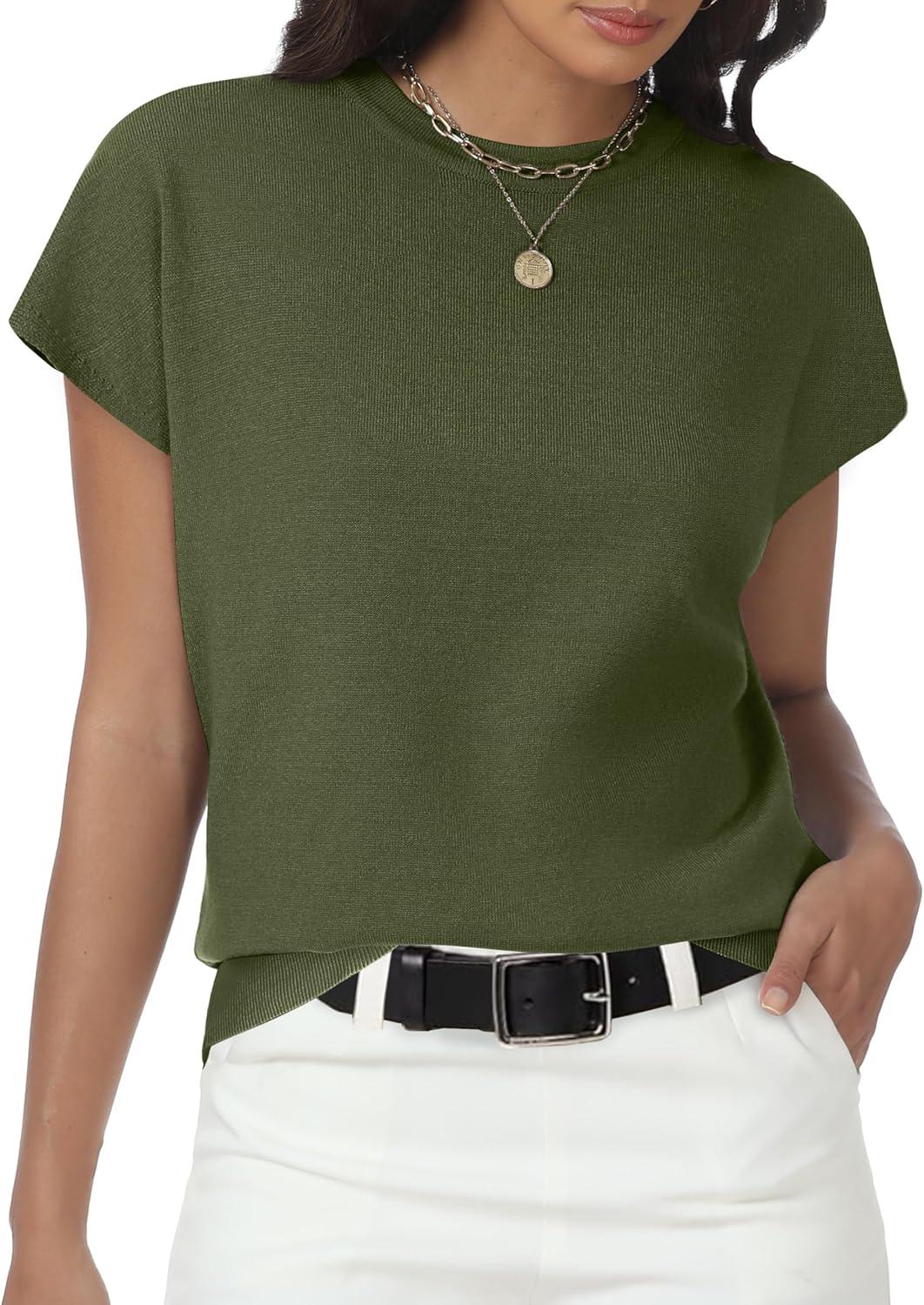 imageWomens Tops Summer Sweater Short Sleeve Shirts Dressy Casual Basic Casual Cap Sleeve Tops Beach Vacation ClothesOlive Green