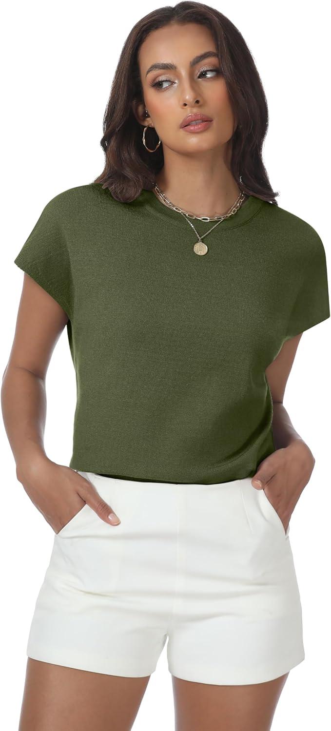 imageWomens Tops Summer Sweater Short Sleeve Shirts Dressy Casual Basic Casual Cap Sleeve Tops Beach Vacation ClothesOlive Green
