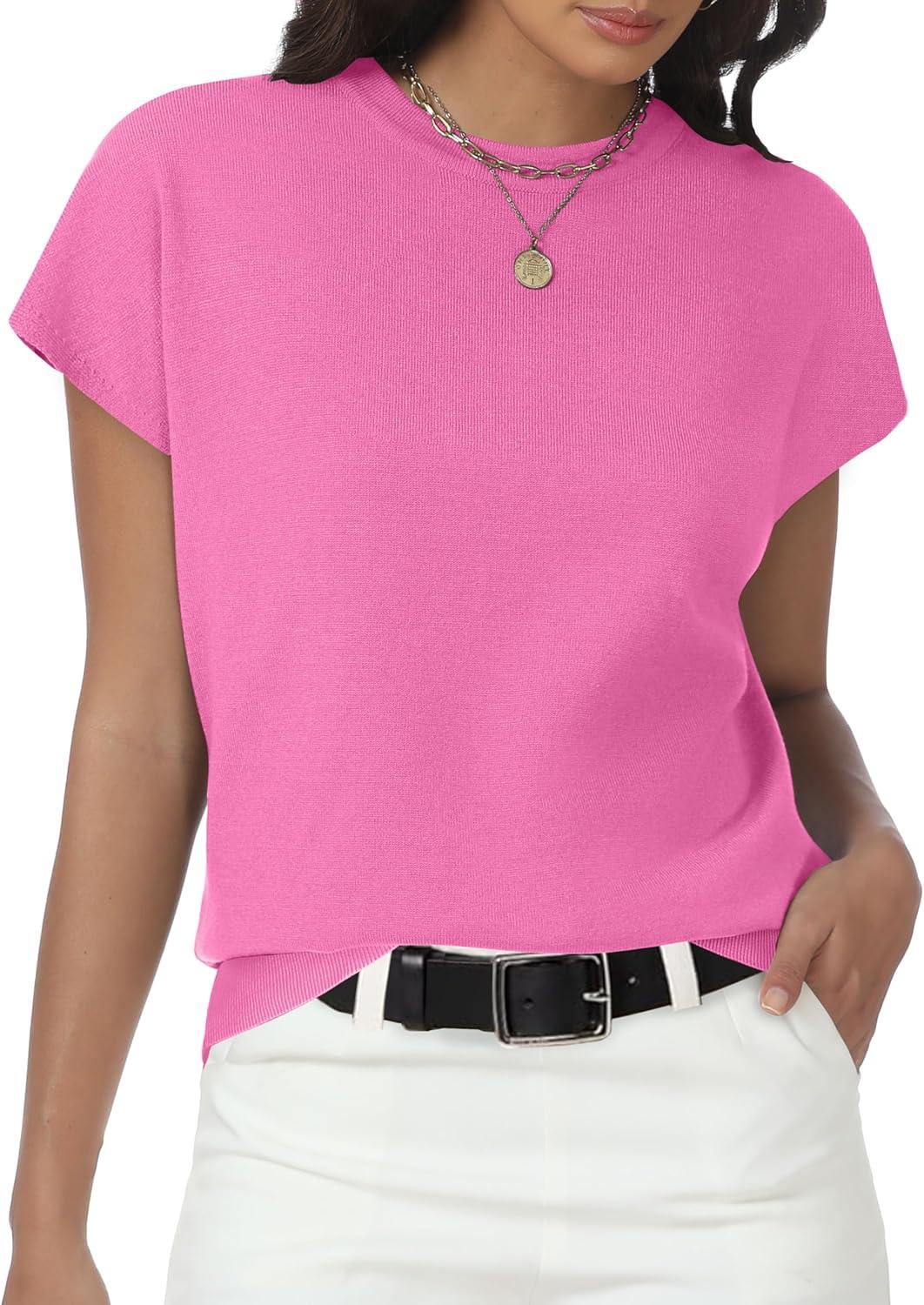 imageWomens Tops Summer Sweater Short Sleeve Shirts Dressy Casual Basic Casual Cap Sleeve Tops Beach Vacation ClothesPink