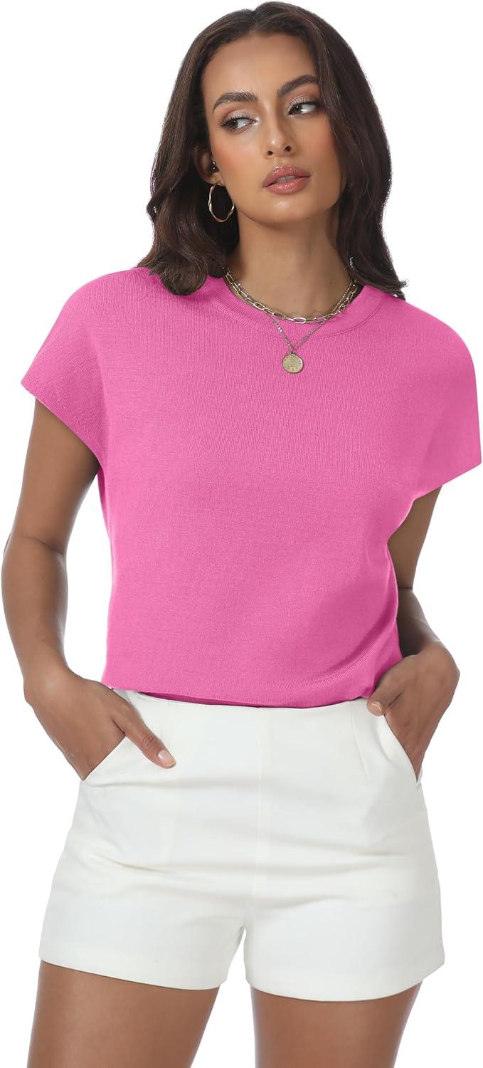 imageWomens Tops Summer Sweater Short Sleeve Shirts Dressy Casual Basic Casual Cap Sleeve Tops Beach Vacation ClothesPink