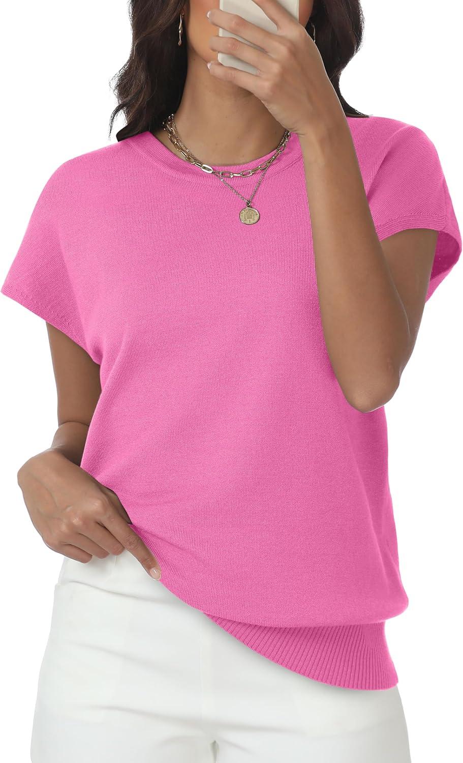 imageWomens Tops Summer Sweater Short Sleeve Shirts Dressy Casual Basic Casual Cap Sleeve Tops Beach Vacation ClothesPink