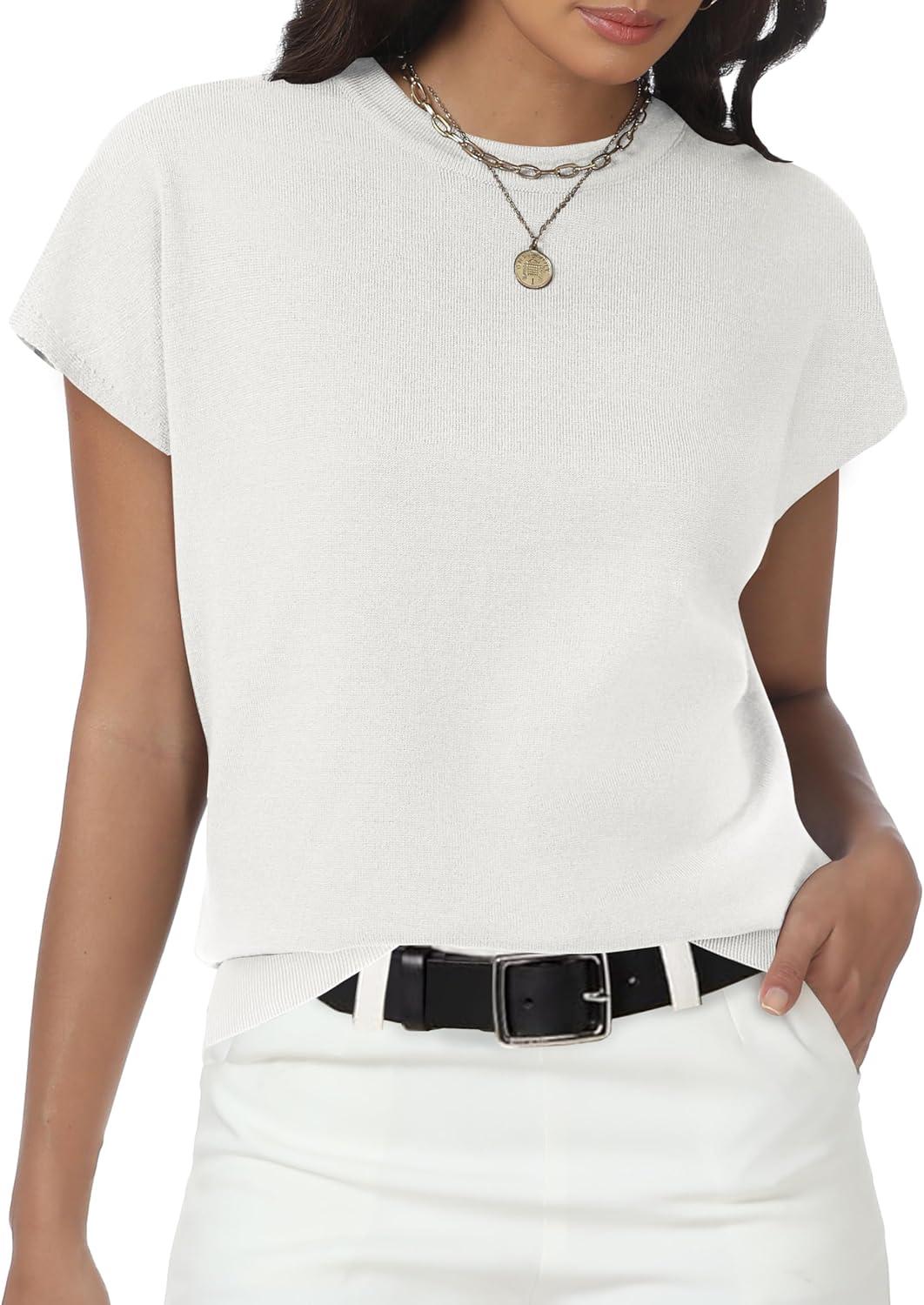 imageWomens Tops Summer Sweater Short Sleeve Shirts Dressy Casual Basic Casual Cap Sleeve Tops Beach Vacation ClothesWhite