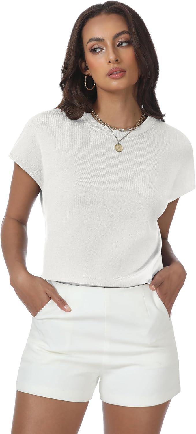 imageWomens Tops Summer Sweater Short Sleeve Shirts Dressy Casual Basic Casual Cap Sleeve Tops Beach Vacation ClothesWhite