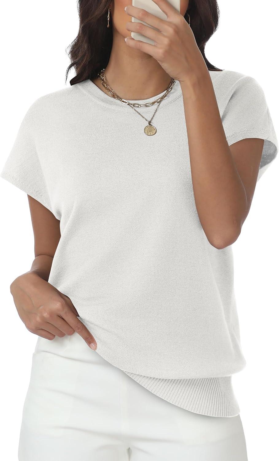 imageWomens Tops Summer Sweater Short Sleeve Shirts Dressy Casual Basic Casual Cap Sleeve Tops Beach Vacation ClothesWhite