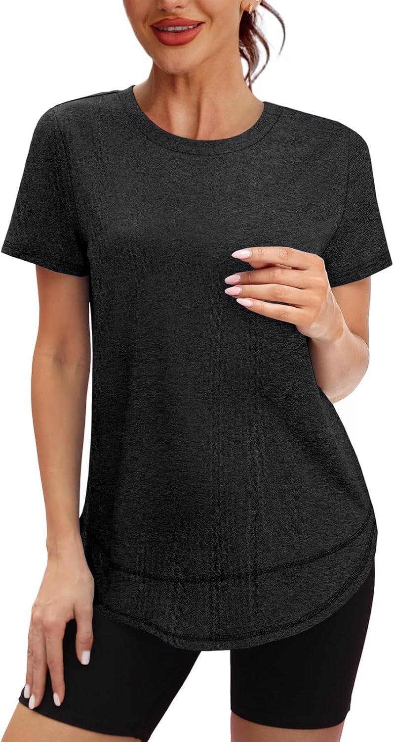 imageWomens Workout Tops Short Sleeve Shirts with Sun Protection Trendy Spring Summer Outfits S3XL02 Black