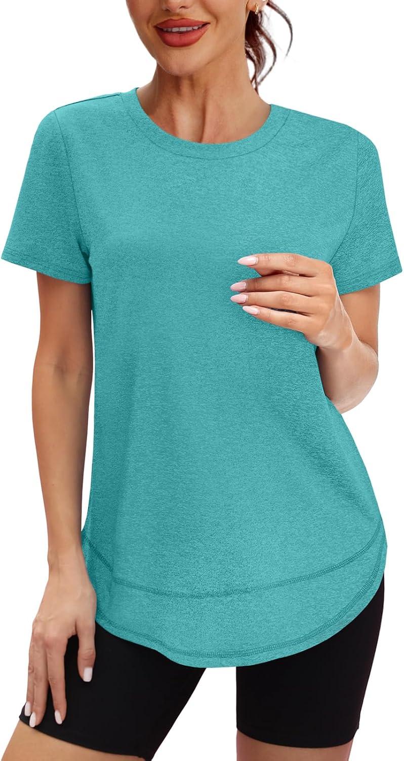 imageWomens Workout Tops Short Sleeve Shirts with Sun Protection Trendy Spring Summer Outfits S3XL03 Aqua