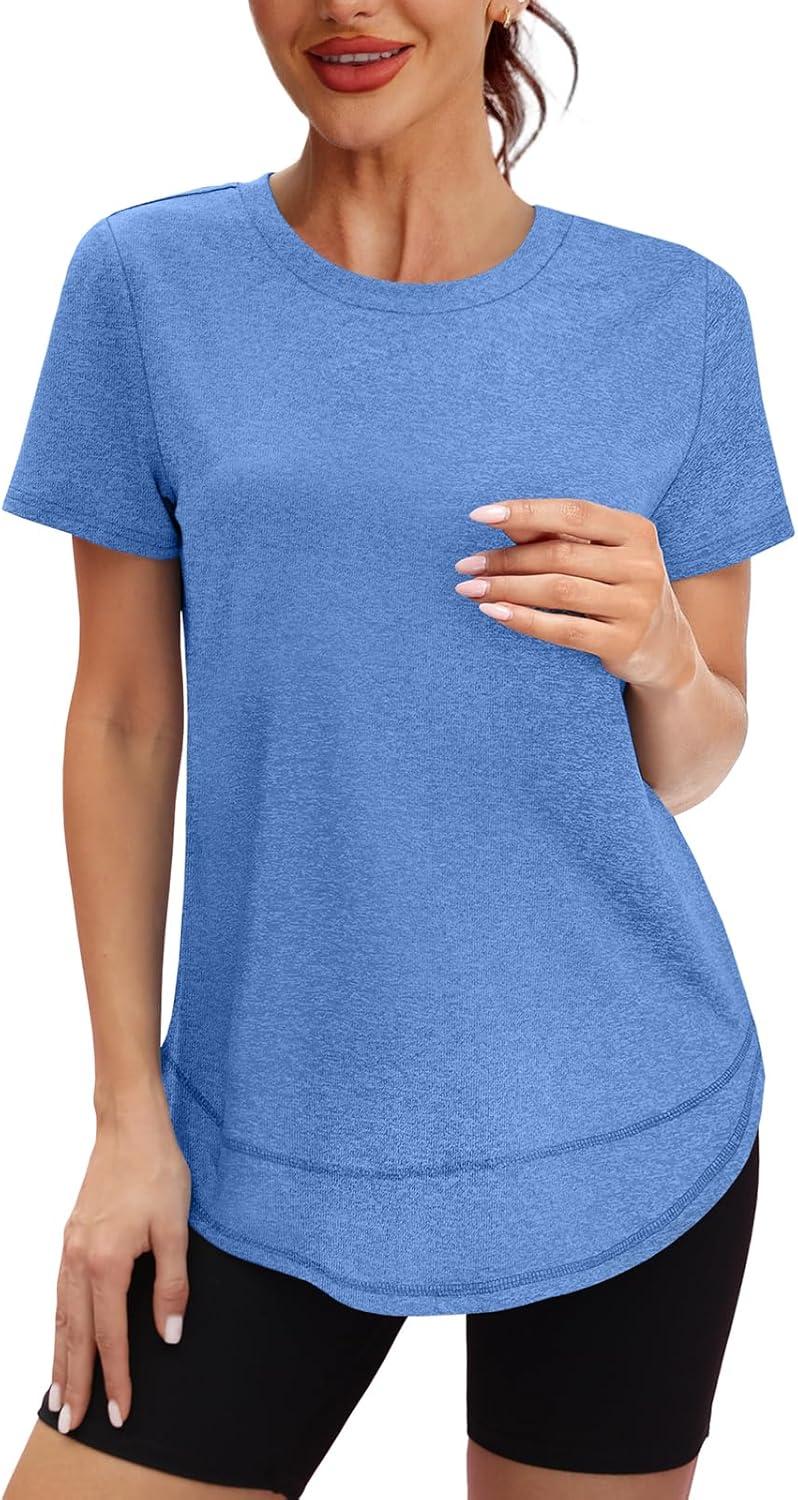 imageWomens Workout Tops Short Sleeve Shirts with Sun Protection Trendy Spring Summer Outfits S3XL04 Blue