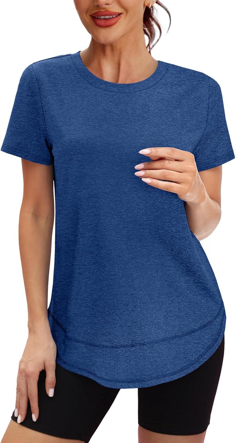 imageWomens Workout Tops Short Sleeve Shirts with Sun Protection Trendy Spring Summer Outfits S3XL05 Navy Blue