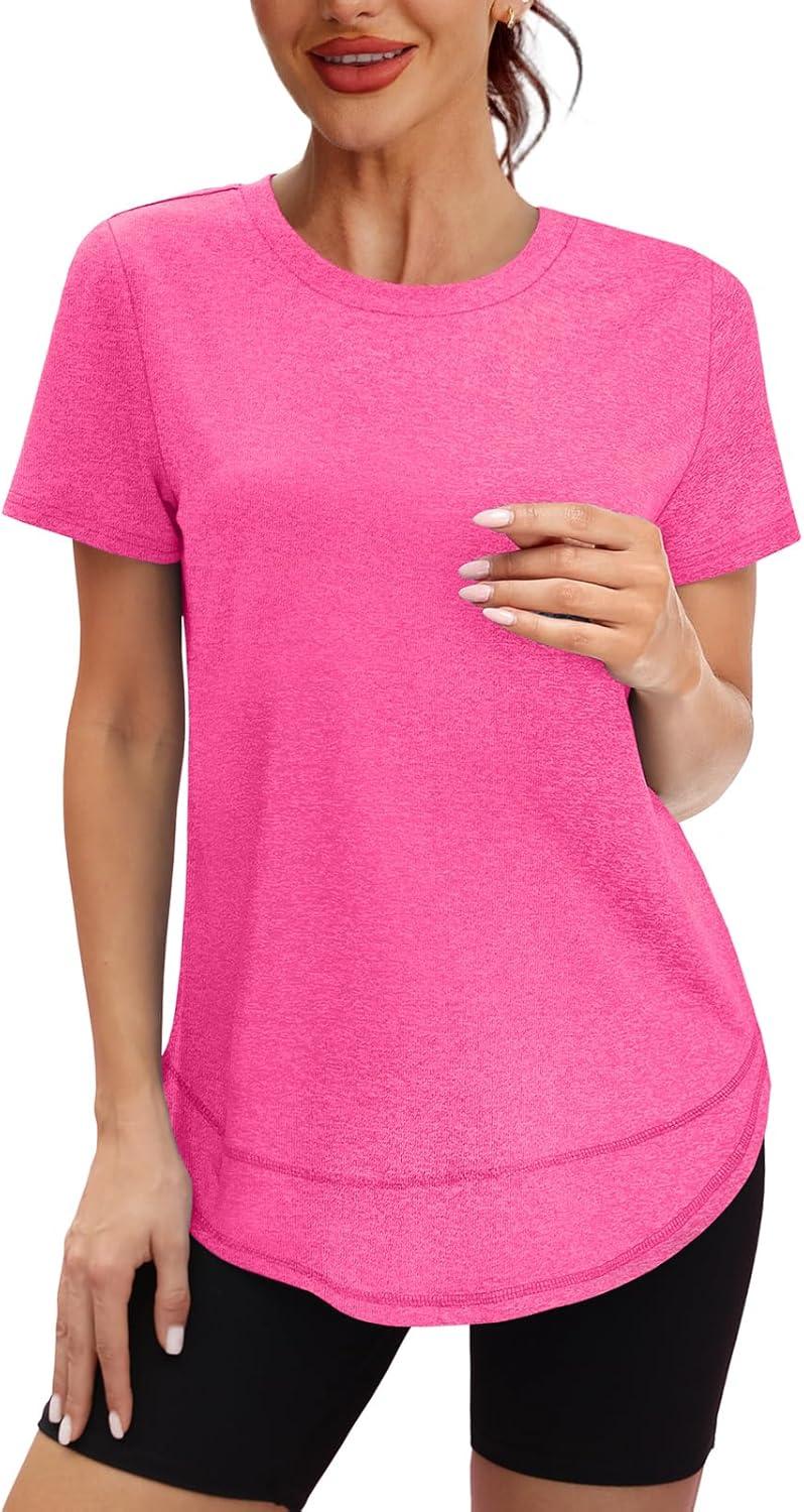 imageWomens Workout Tops Short Sleeve Shirts with Sun Protection Trendy Spring Summer Outfits S3XL06 Hot Pink