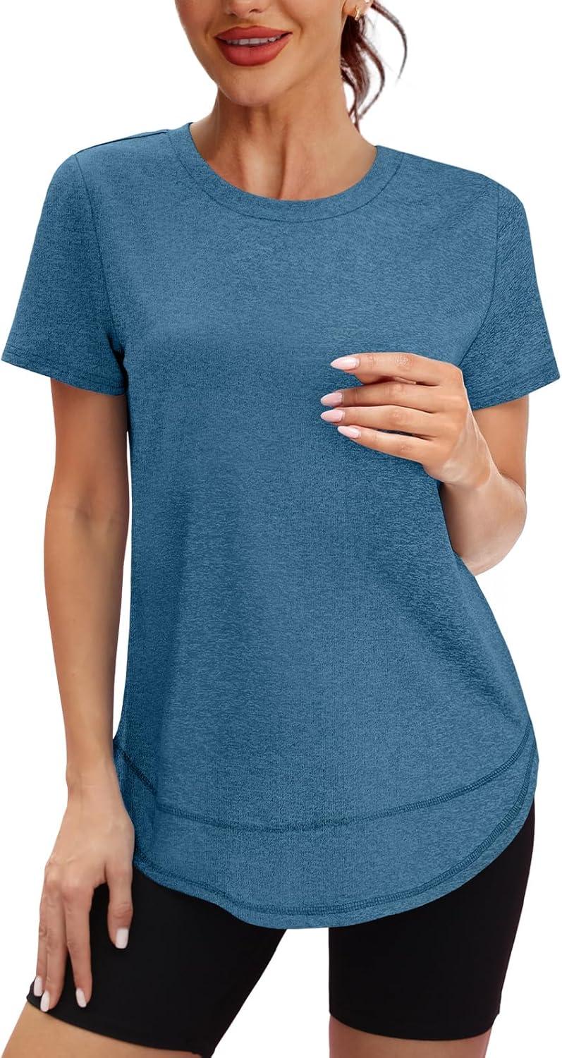 imageWomens Workout Tops Short Sleeve Shirts with Sun Protection Trendy Spring Summer Outfits S3XL12 Dark Blue Green