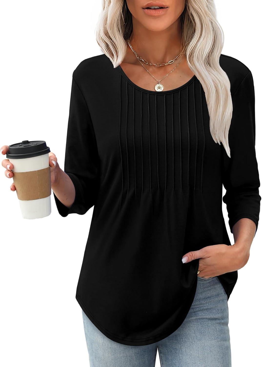 imageXIEERDUO 34 Length Sleeve Tops for Women 2025 Crewneck Casual Pleated Tunic Tops Loose Fit Shirts BlousesAblack