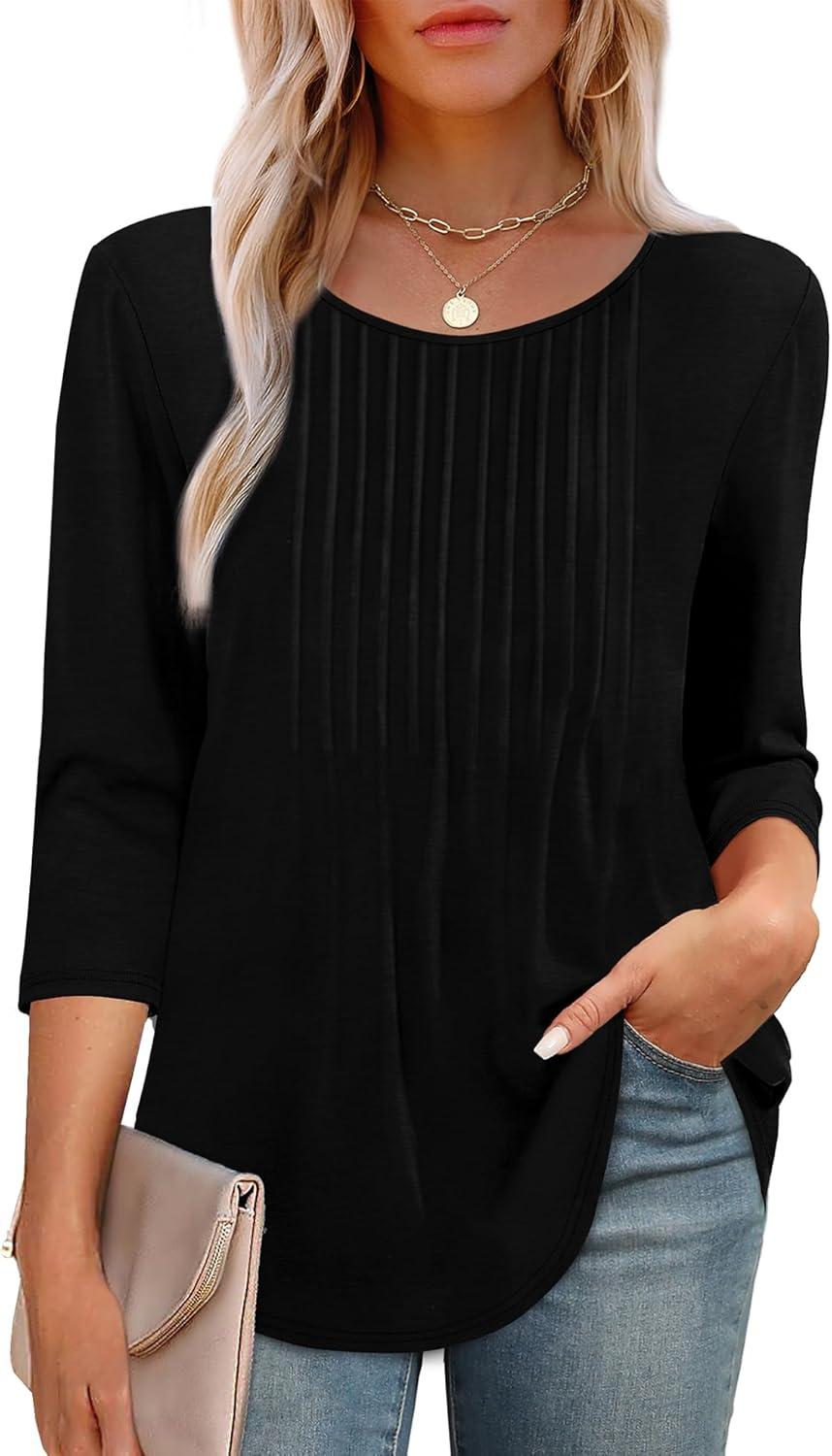 imageXIEERDUO 34 Length Sleeve Tops for Women 2025 Crewneck Casual Pleated Tunic Tops Loose Fit Shirts BlousesAblack