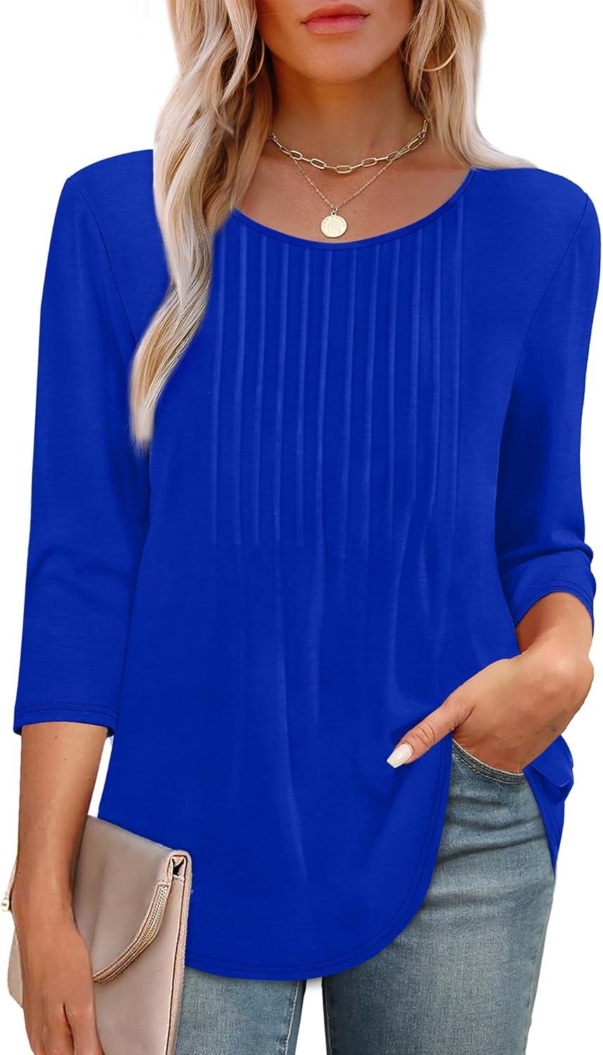 imageXIEERDUO 34 Length Sleeve Tops for Women 2025 Crewneck Casual Pleated Tunic Tops Loose Fit Shirts BlousesAblue