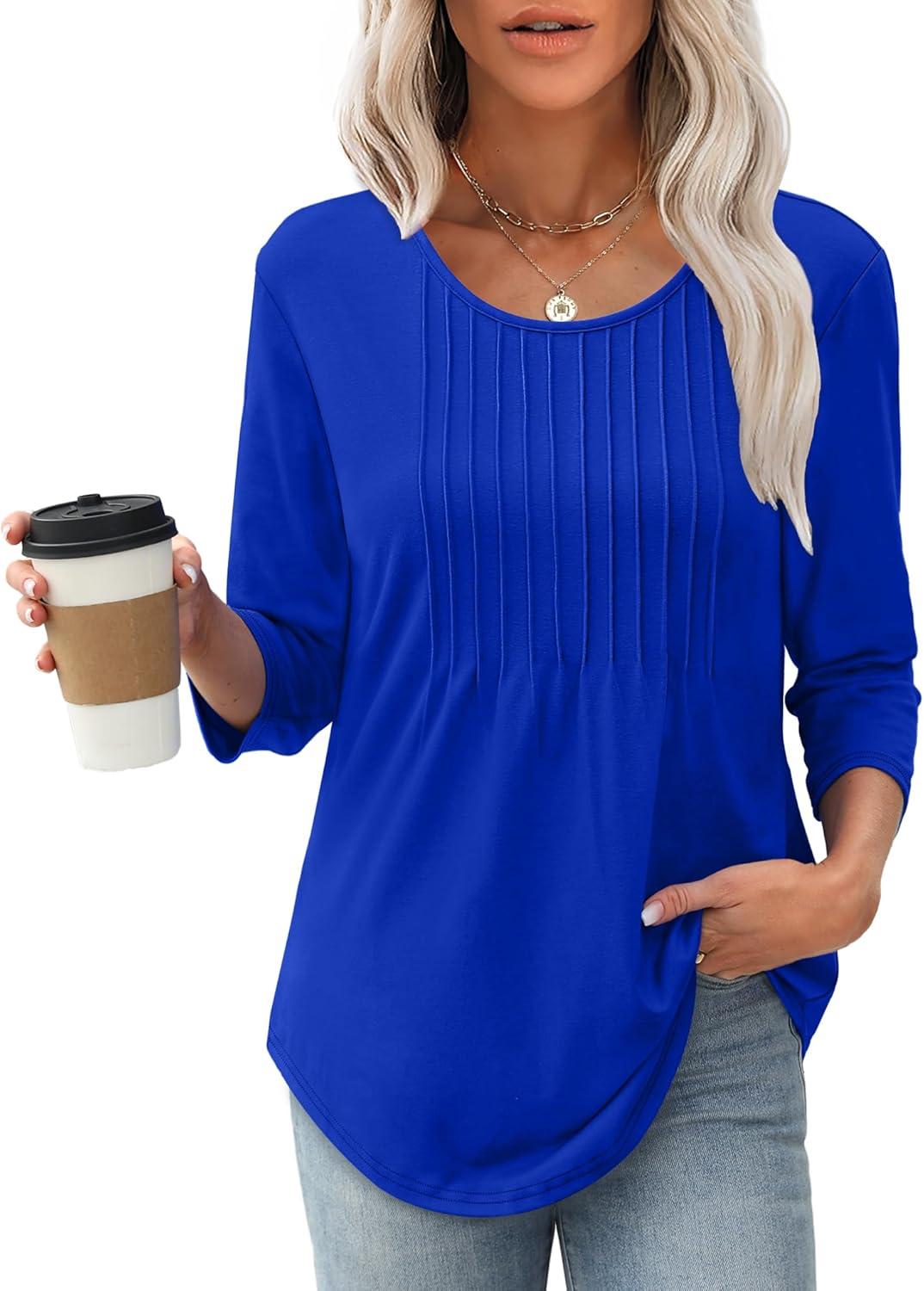imageXIEERDUO 34 Length Sleeve Tops for Women 2025 Crewneck Casual Pleated Tunic Tops Loose Fit Shirts BlousesAblue