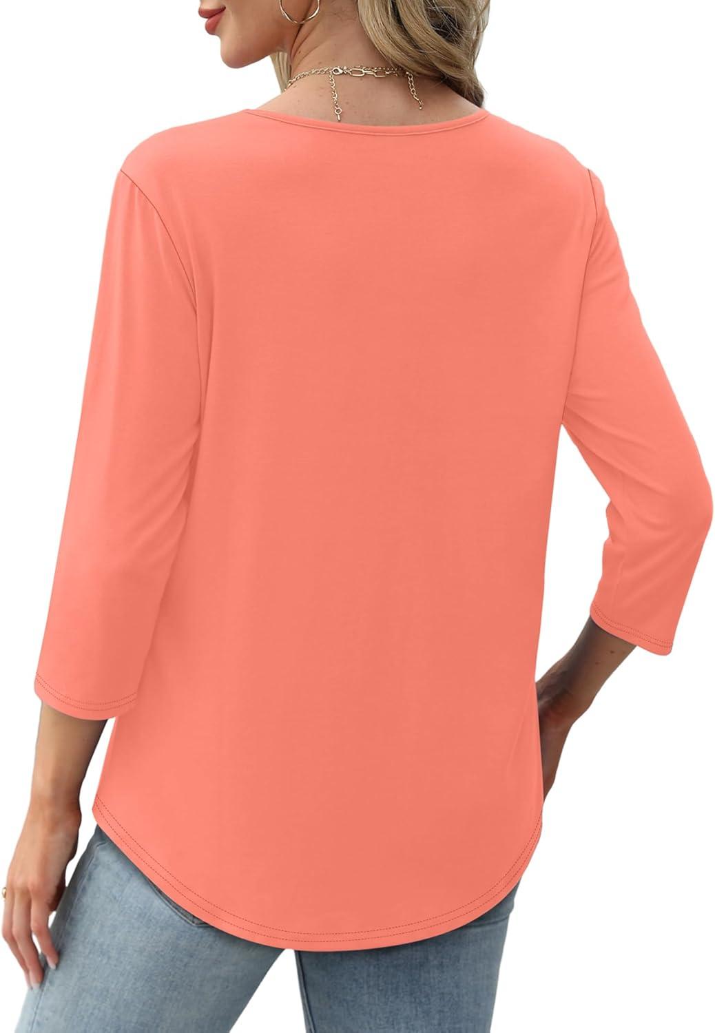 imageXIEERDUO 34 Length Sleeve Tops for Women 2025 Crewneck Casual Pleated Tunic Tops Loose Fit Shirts BlousesAcoral