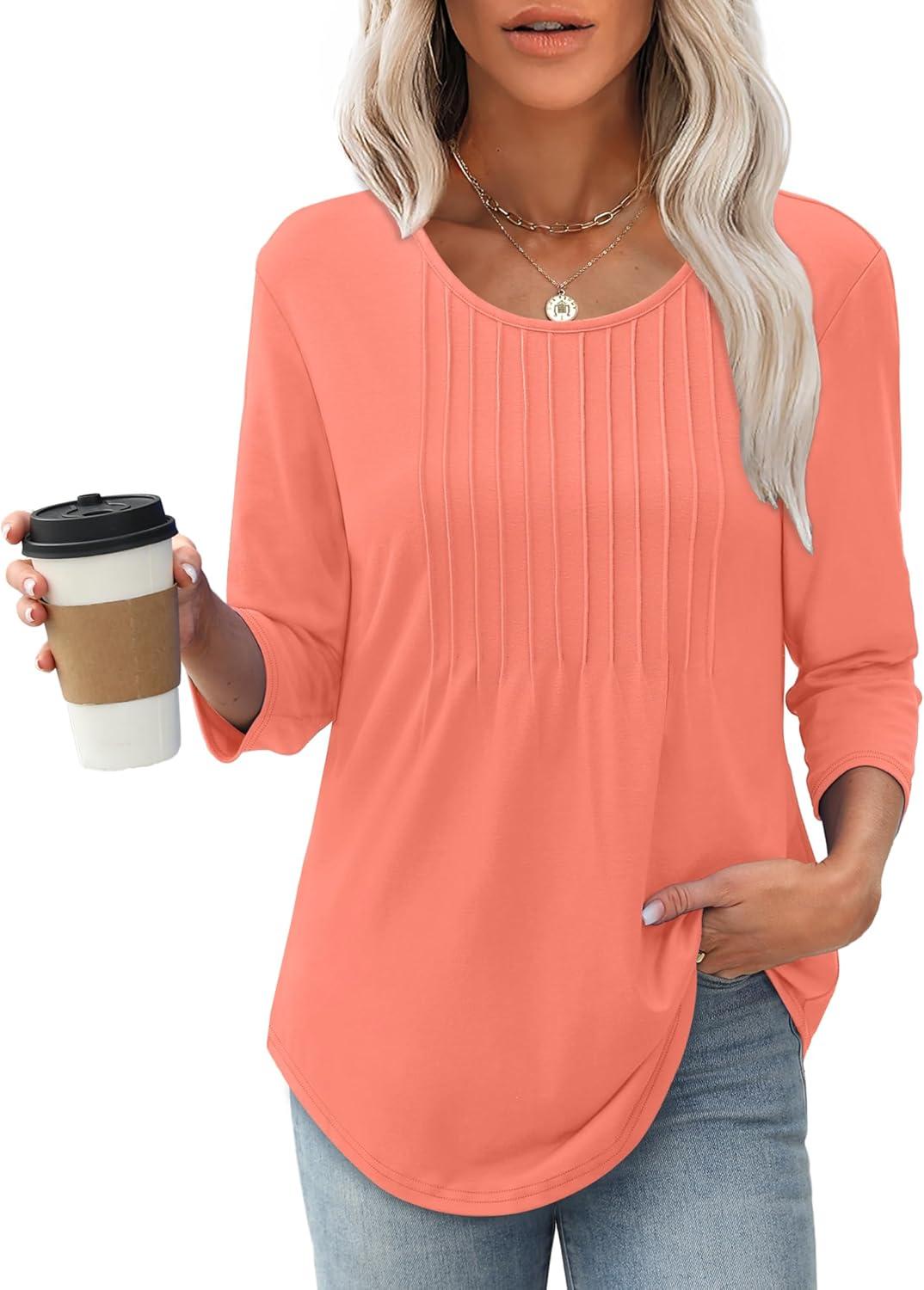 imageXIEERDUO 34 Length Sleeve Tops for Women 2025 Crewneck Casual Pleated Tunic Tops Loose Fit Shirts BlousesAcoral