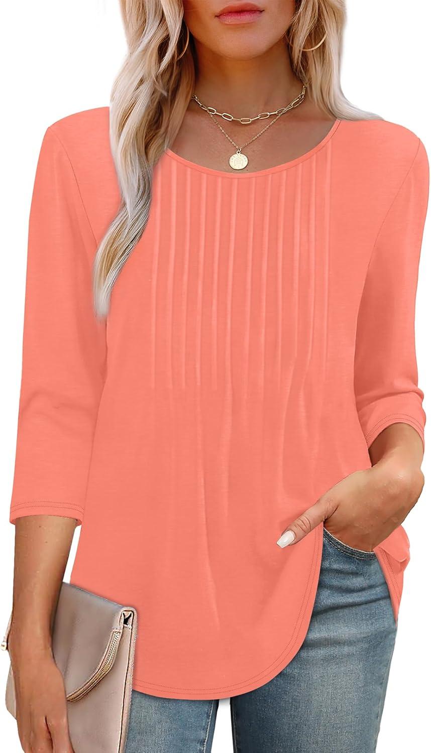 imageXIEERDUO 34 Length Sleeve Tops for Women 2025 Crewneck Casual Pleated Tunic Tops Loose Fit Shirts BlousesAcoral