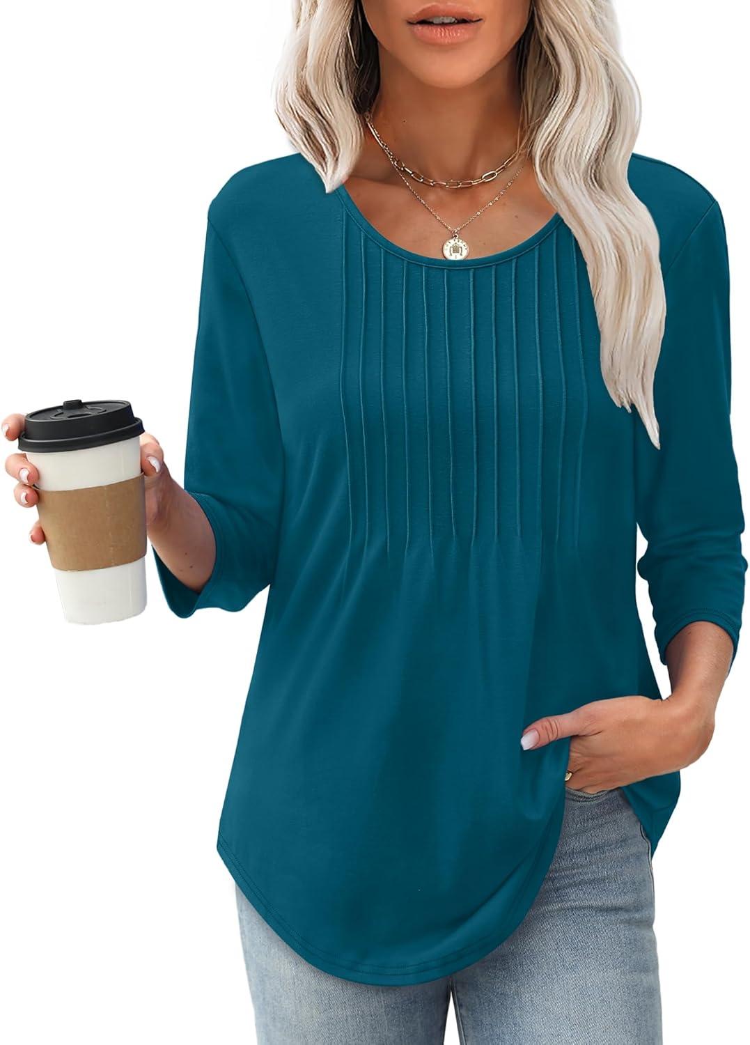 imageXIEERDUO 34 Length Sleeve Tops for Women 2025 Crewneck Casual Pleated Tunic Tops Loose Fit Shirts BlousesAdeep Orchid